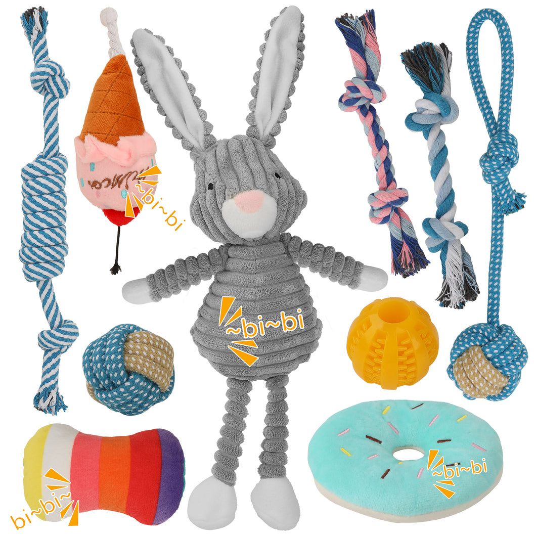 MASBRILL 10 Pack Puppy Chew Toys , Dog Toys for Small Dogs with Ropes, Treat Ball and Plush Squeaky to Keep Them Busy, Grey Rabbit